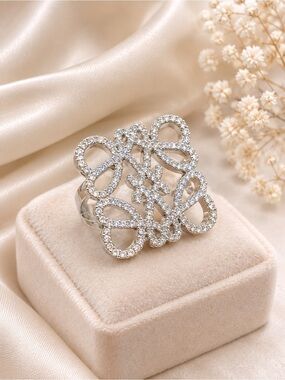 Silver Tone Rhinestone Filigree Statement Ring